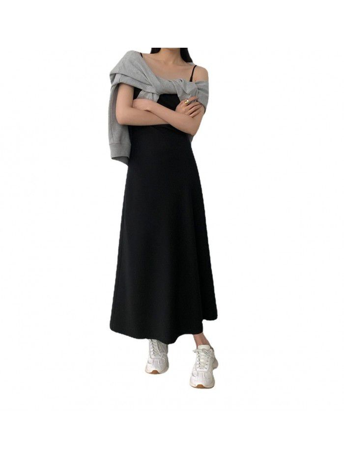 Black French suspender dress for women's new minimalist style diagonal cut long skirt 