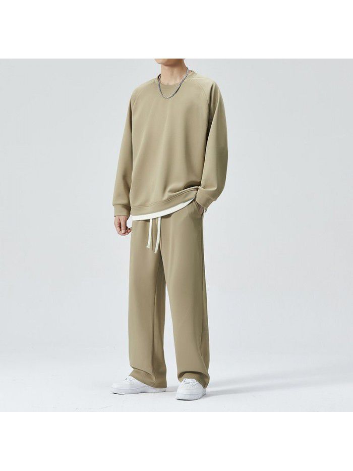 Spring and Autumn Leisure Sports Set Men's Loose Round Neck Sweater and Pants Two Piece Set for Daily Simple Homewear 