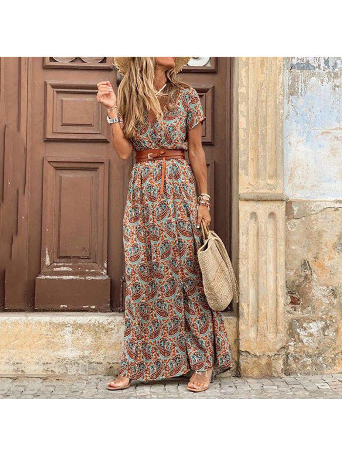 Bohemian style waistband printed long dress dress 