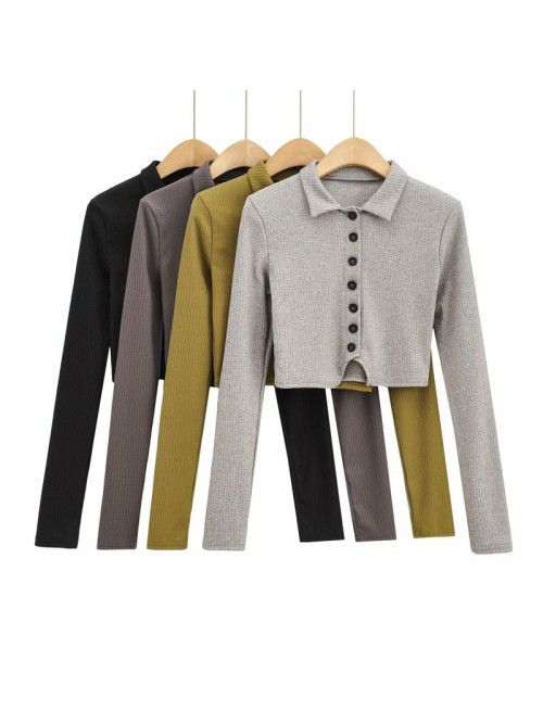 Polo polo collar long-sleeved blouse women's new s...