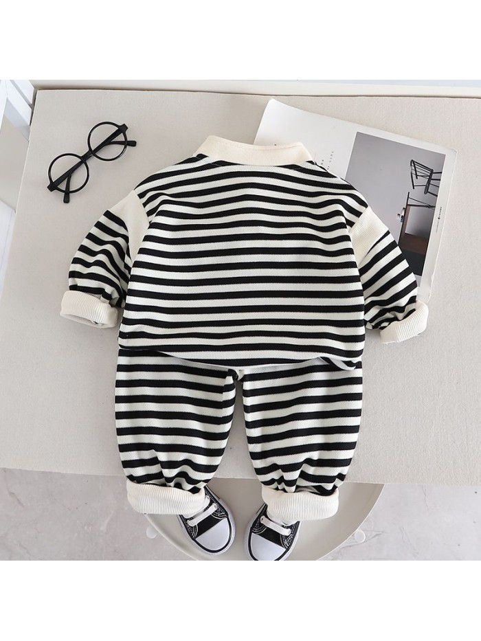 Boys' Spring and Autumn Set New Korean Edition Handsome Men's Treasure Striped Sweatshirt Two Piece Set for Children's Fashion 