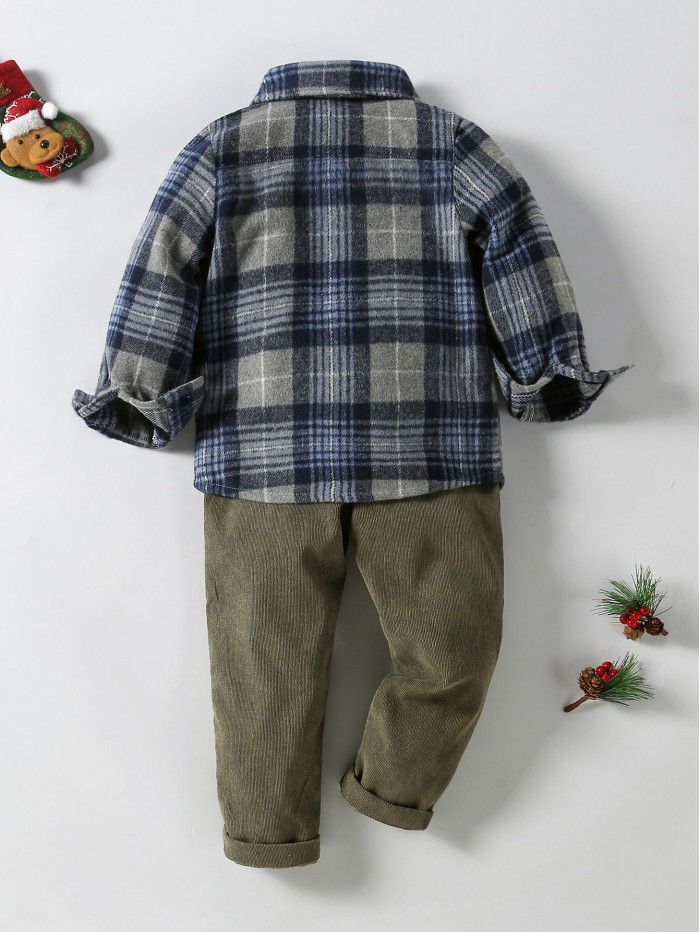 Boys' plaid shirt outerwear knitted T-shirt corduroy pants 3-piece set for children 