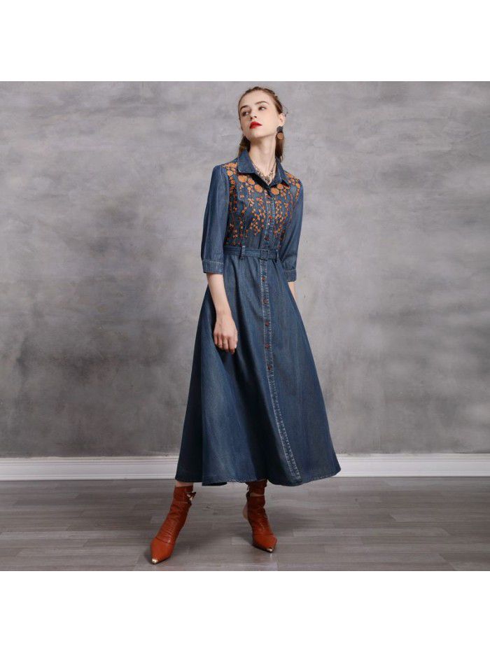 Vintage embroidery lapel belt temperament denim skirt mid length slimming autumn dress 