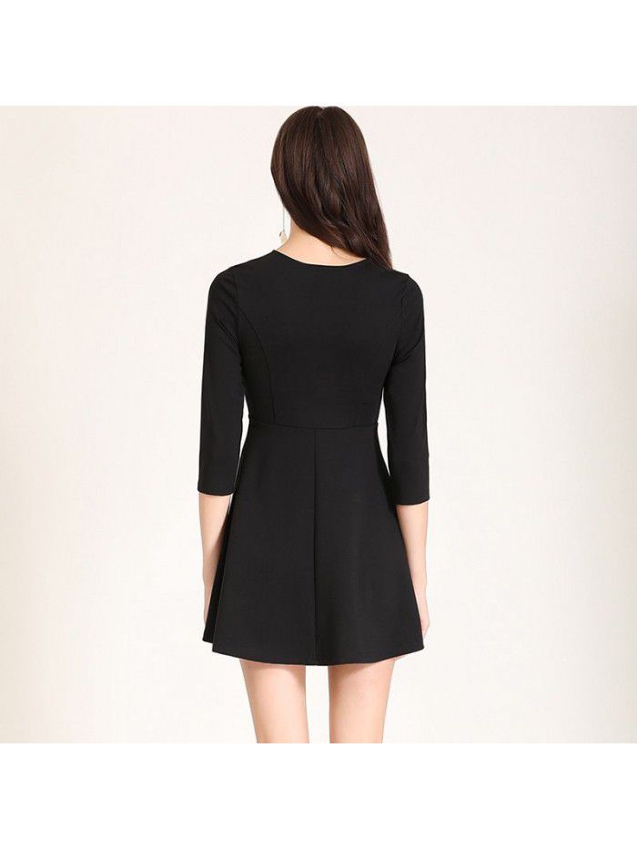 Professional Little Black Dress Autumn Dress New Elegant Slim Fit V-neck 7/4 Sleeve A-line Bottom Dress Work Uniform 