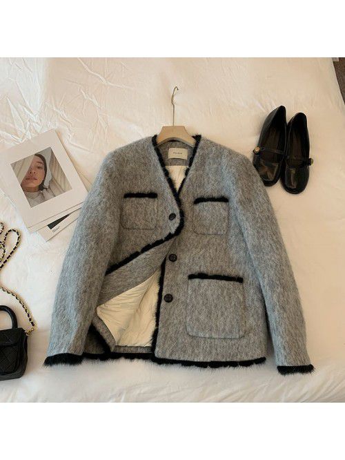 Winter new patchwork gray coat for women with a se...