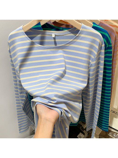 Cotton loose striped bottom shirt for women with s...