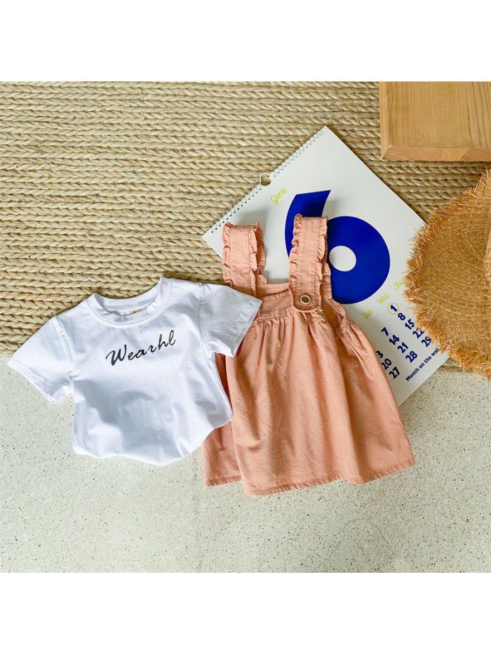 Girls' Strap Dress Set Summer New Korean Women's Treasure Letter T-shirt Short Sleeve Strap Dress Pink 