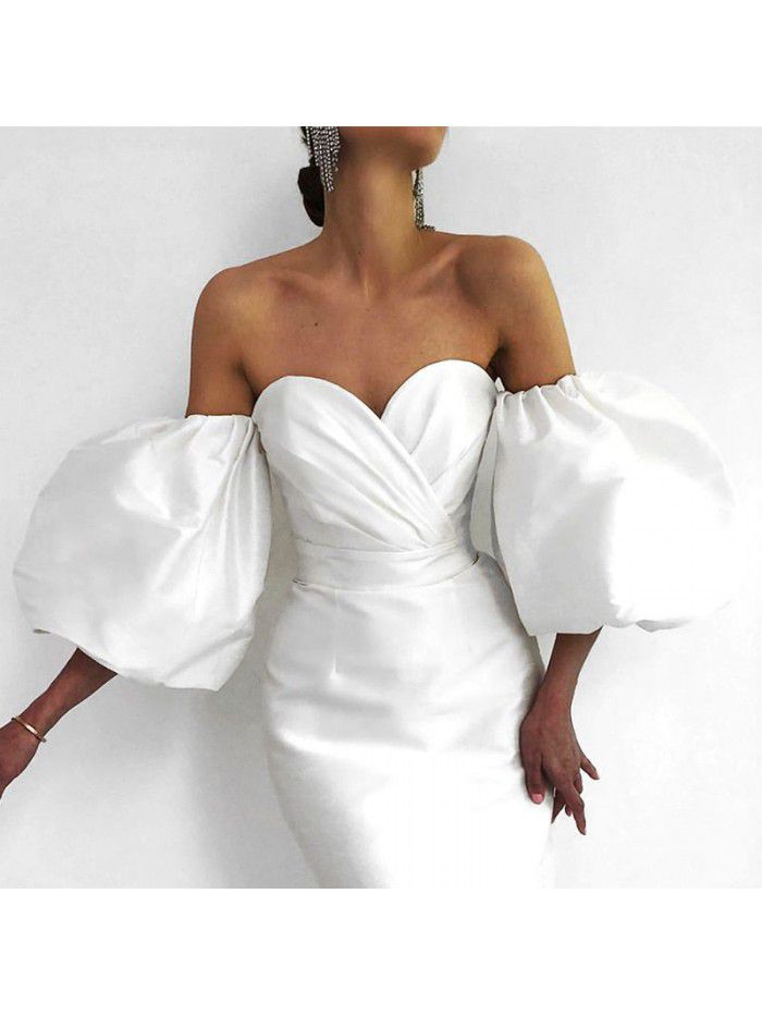 Autumn Women's Solid Color Wrapped Chest High Waist Lantern Sleeve Mid length Dress Dress 