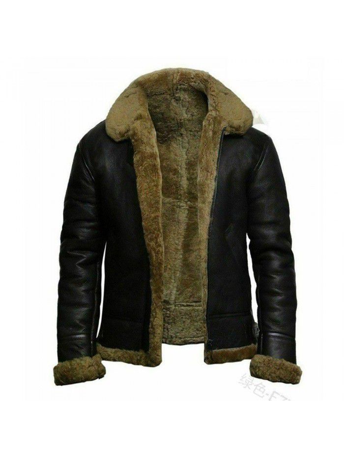 Faux leather winter jacket with integrated fur collar, medium length men's coat, heavy industry new product, zipper fur edge coat 