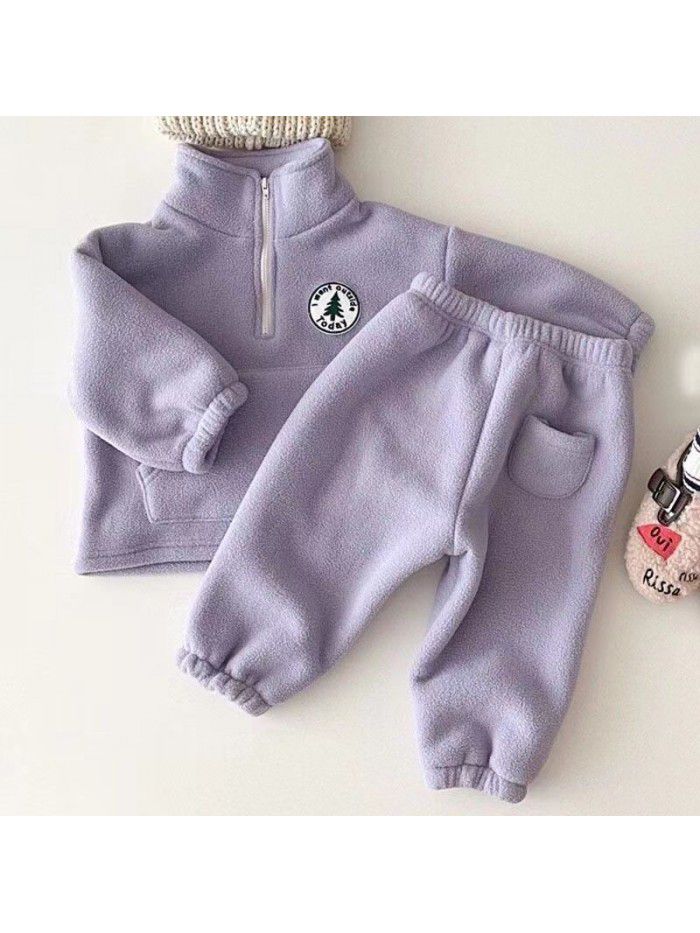 Children's set, baby and toddler clothing, plush and thickened casual set, children's winter high collar sweater pants, two-piece set, trendy 