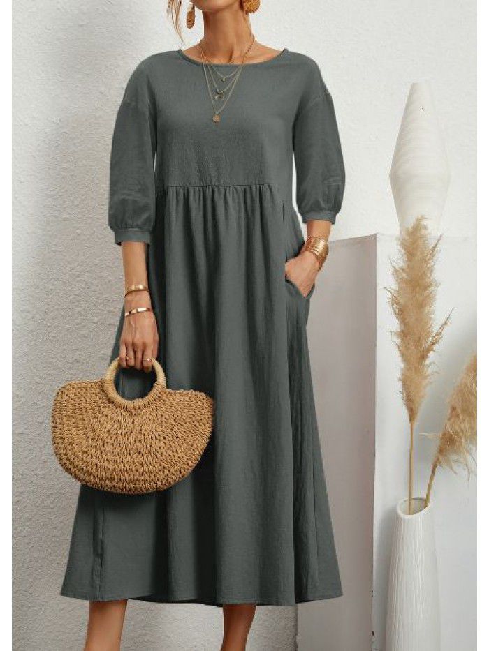 New Women's Solid Color Fashion Lantern Sleeves Loose Cotton Linen Pocket Dress 