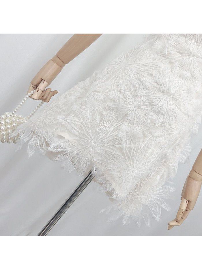 White Feather Lace Flower Fairy Dress Hanging Dress Hollow out Sexy Waist Wrapped Chiffon Dress First Love Dress 