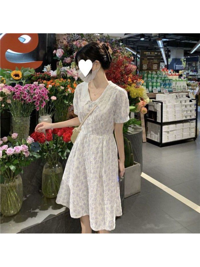 Fragmented Flower Dress Mid length Summer New Style Slim Short Sleeve French Small Dress 