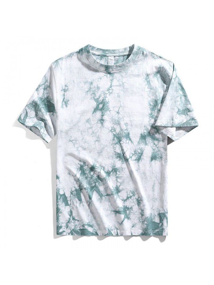 Men's tie dyed t-shirt, shoulder length, pure cotton loose short sleeved men's heavy duty t-shirt, round neck, trendy brand top