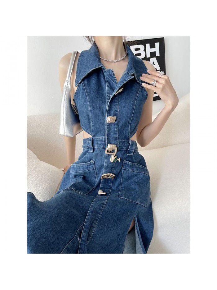 Denim Blue Hollow Open Waist Dress Women's Spring/Summer Slim Fit Side Waist High Split Style Dress 