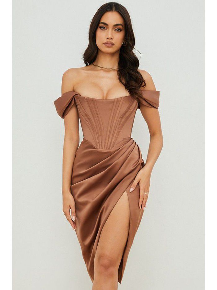 Solid color fishbone suspender sexy slit dress for women 