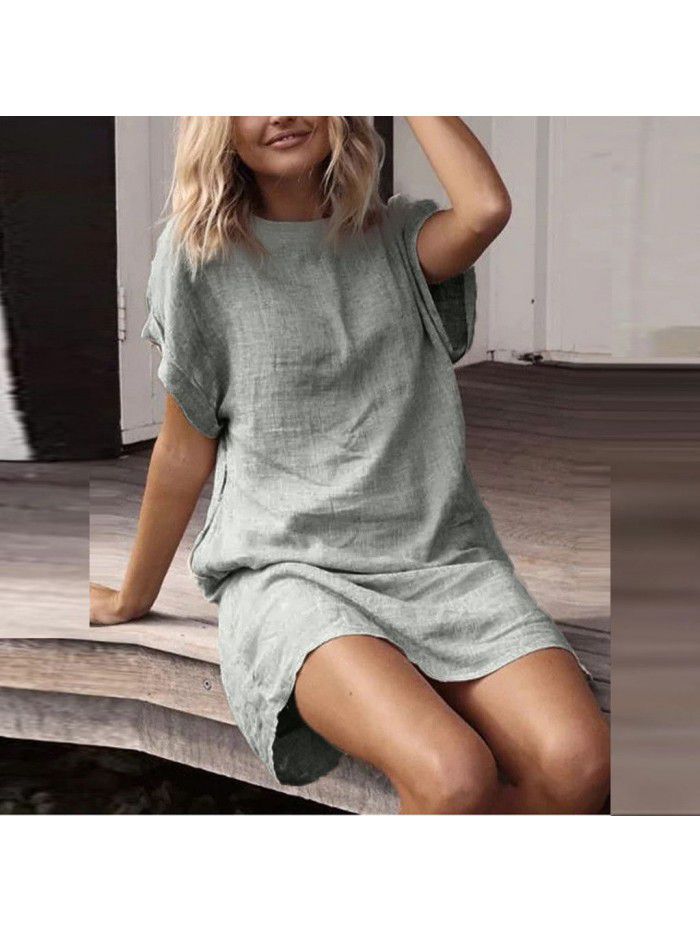 Women's Loose Casual Solid Color Short Sleeve Cotton Linen Dress Women 