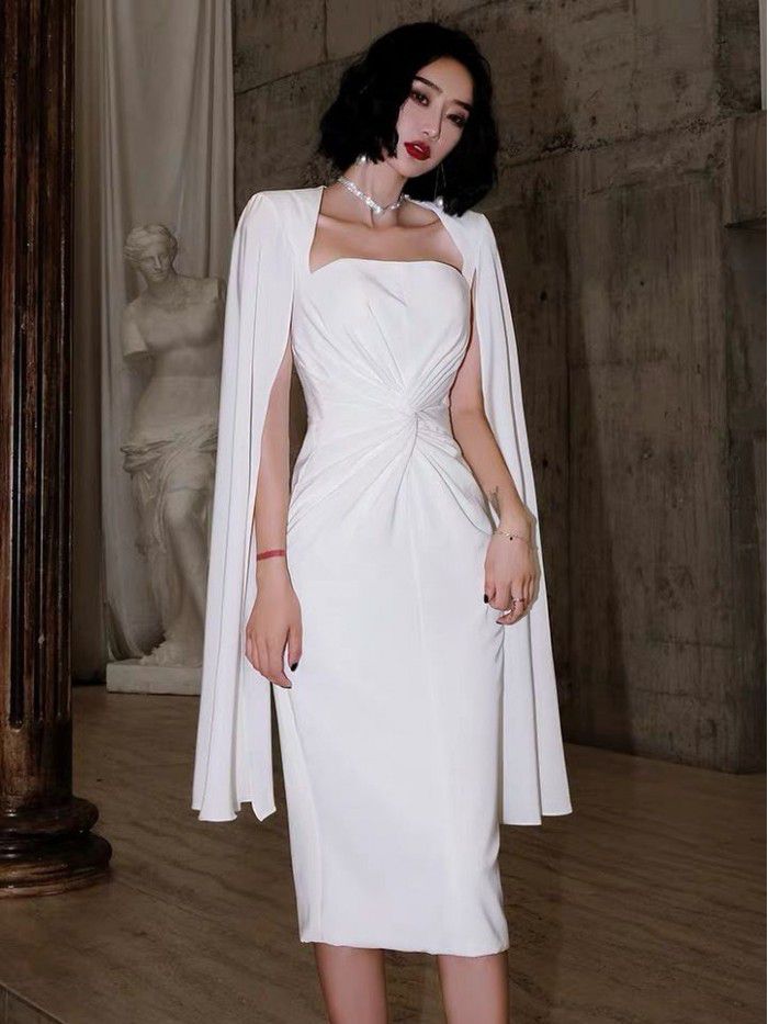 White Little Dress Autumn and Winter New Style Empress Banquet Host Temperament Short Simple and Generous Dress 