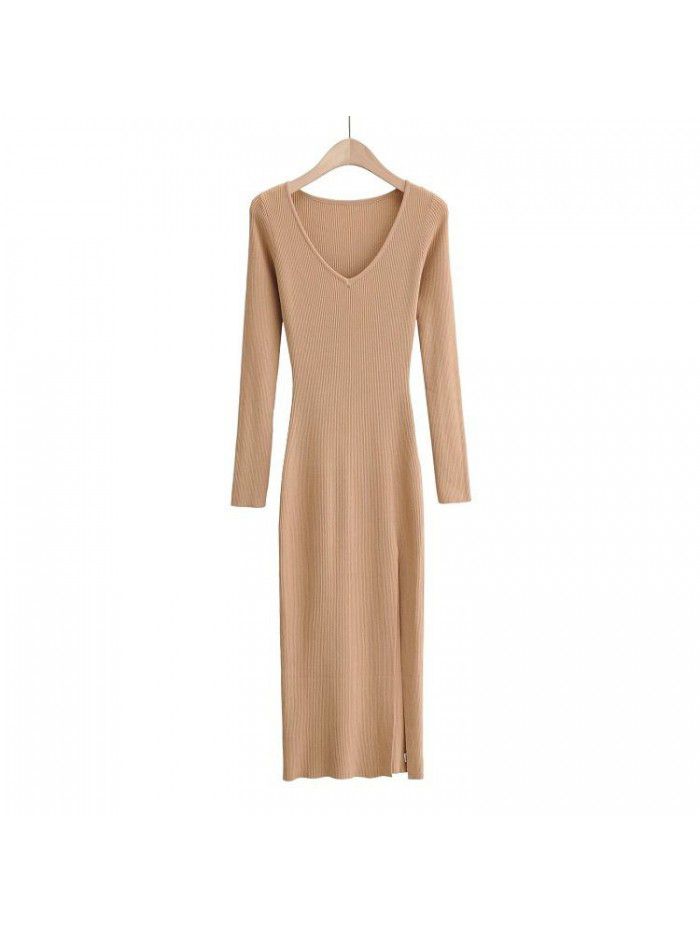 Dress Autumn and Winter Style Temperament Slim Fit V-neck Over Knee Long Dress Sexy Side Split Knitted Dress 