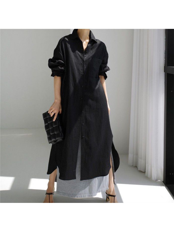 Cotton linen shirt skirt loose irregular bottom shirt sunscreen cardigan long knee length dress trendy dress cotton 