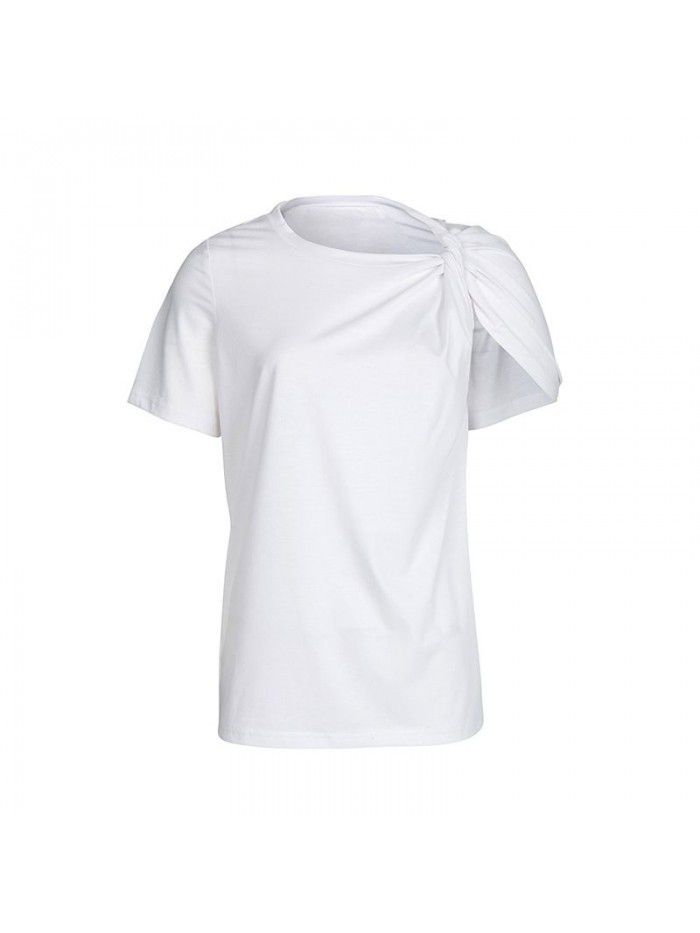 Personalized kink solid color women's T-shirt Women's autumn round neck short sleeve versatile T-shirt top 