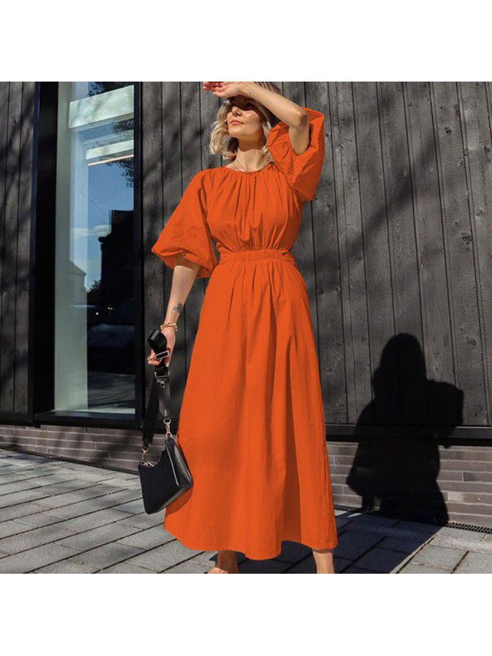 Summer New Lace Cut Out Design Short Sleeve Bubble Sleeve Round Neck Pleated Women's Long Dress Summer 