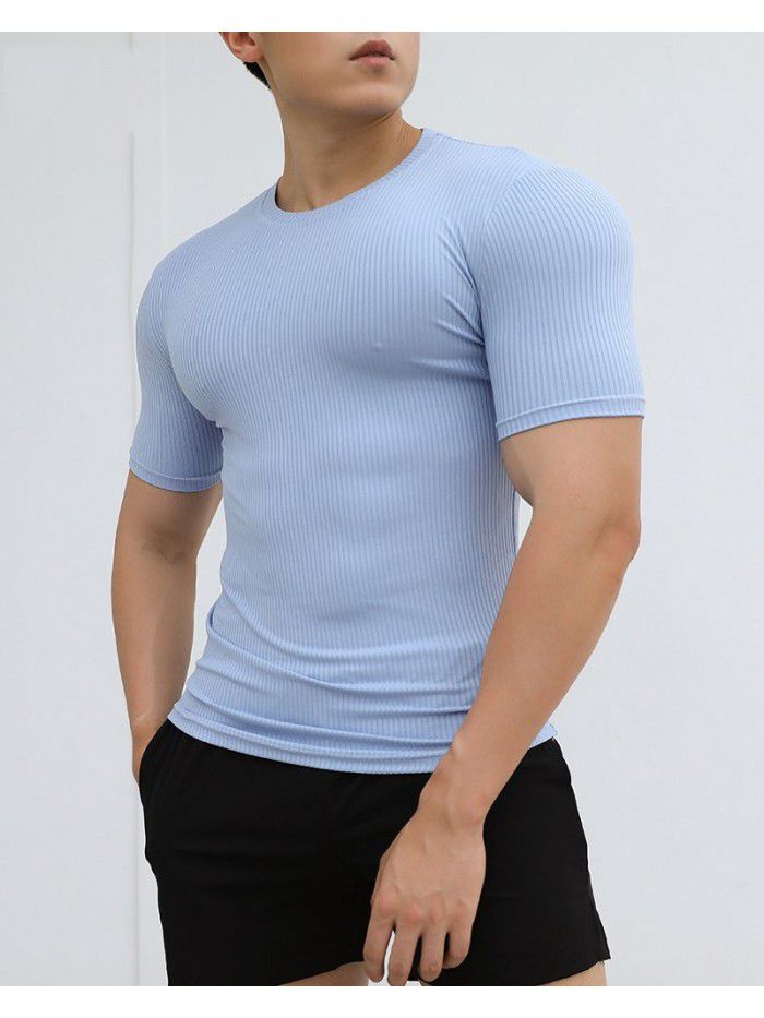 Sports Short Sleeve Men's Summer Solid Stripe Fitness Training Casual High Elastic Fit T-shirt Top 