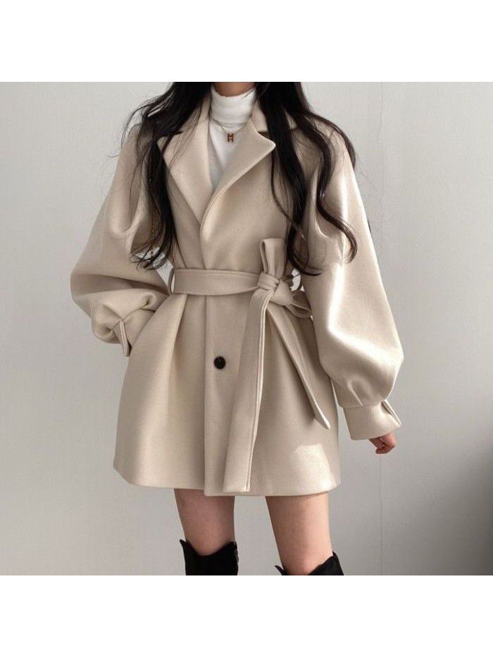 Thickened autumn and winter strapping temperament, small suit collar, medium length woolen women's coat jacket