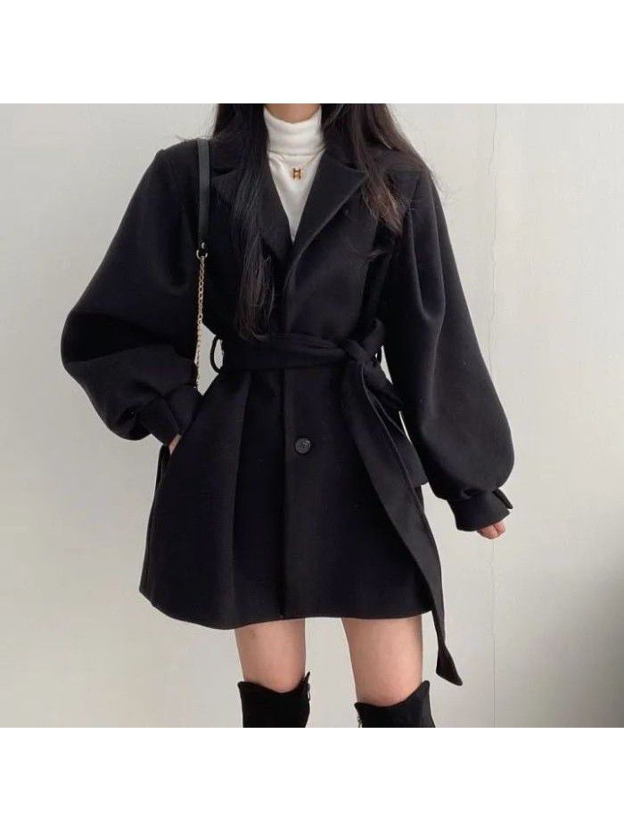 Thickened autumn and winter strapping temperament, small suit collar, medium length woolen women's coat jacket