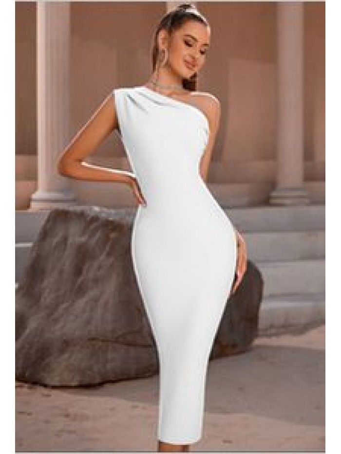 Fashionable and Elegant Women's One Shoulder Bandage Dress Sexy Sleeveless Tight Sky Blue Evening Dress 