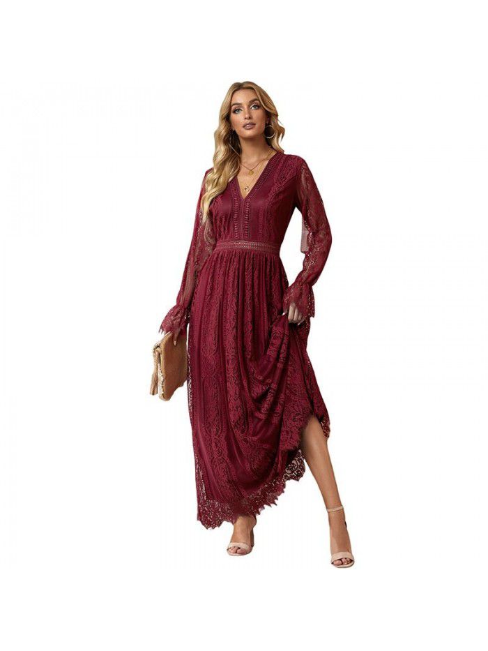 V-neck Pullover Waist Wrap Dress Autumn New Lace Dress 