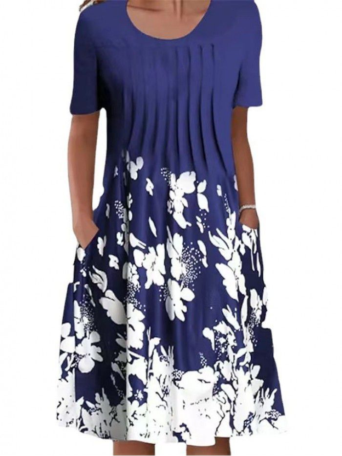 Summer New Women's Foreign Trade Round Neck Long Dress Flower Print Dress Women 