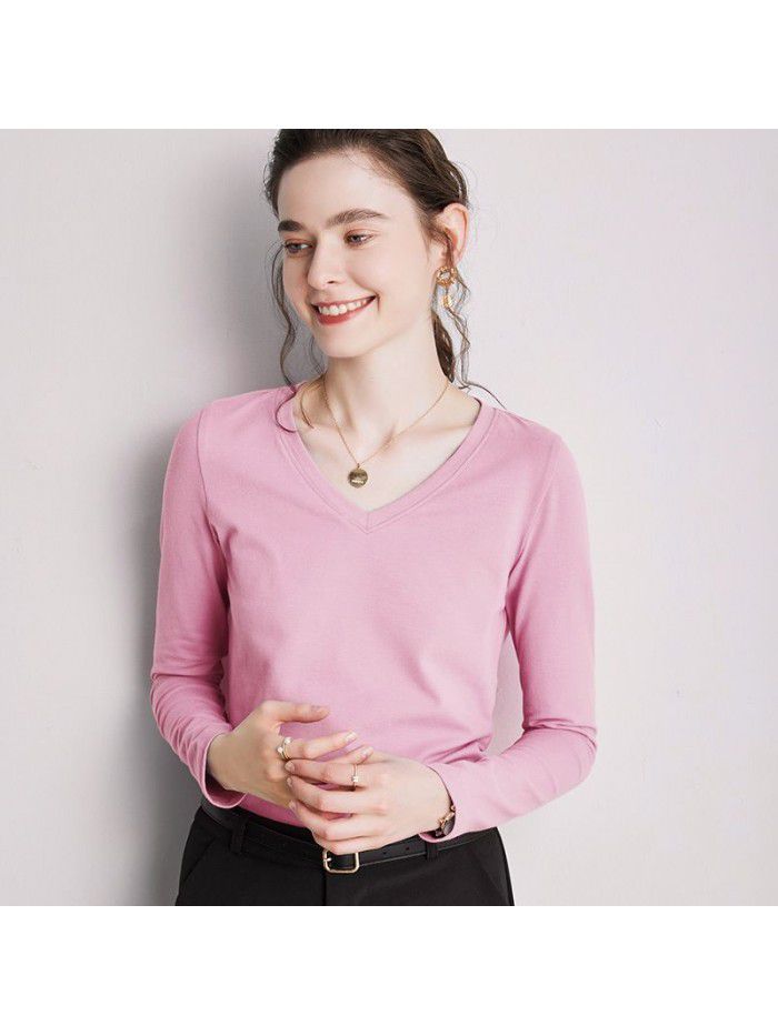 Women's Long sleeved T-shirt Women's Summer New Underlay V-neck T-shirt Loose Solid Color Simple 