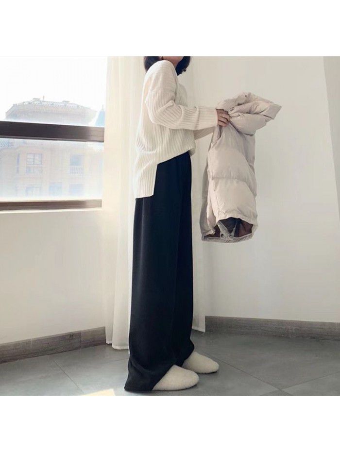 Women's knitted wide leg trousers in autumn and winter, corduroy shows thin, high waist, loose, draping, straight tube, floor, imitation cashmere pants 