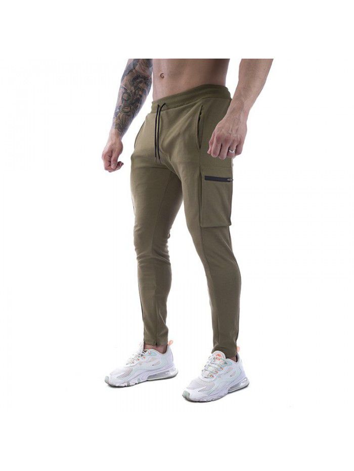 Men's sports pants stretch cotton casual small leg large zip pocket men's pants 