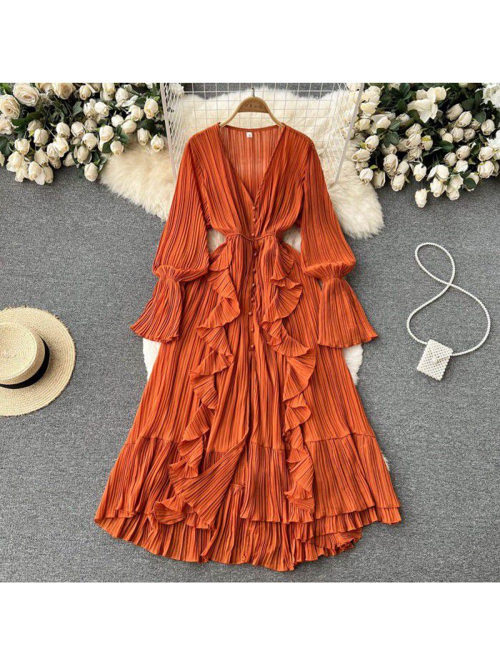 Fashionable and Sexy Solid V-Neck Ruffled Flare Sleeves to hem Dress 