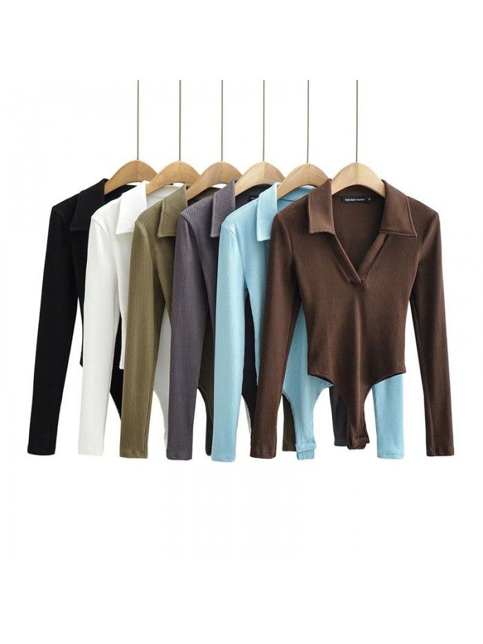 Deep V-neck long sleeved one piece women's autumn and winter polo collar slim fitting bottom T-shirt top 