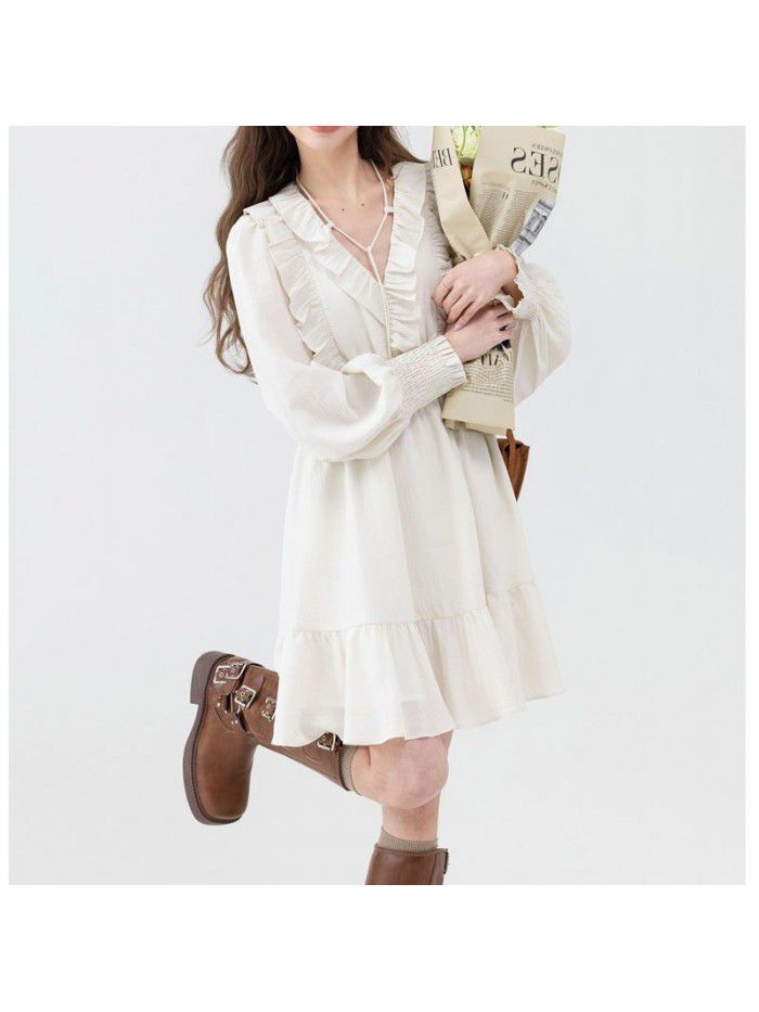 New Year Sweet and Gentle V-neck Apricot Long Dress Versatile Commuter Waist Slim A-line Dress 