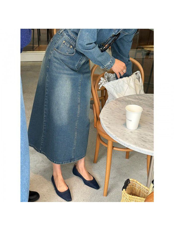 Retro waistband denim dress for women's classic slimming A-line long skirt trend 