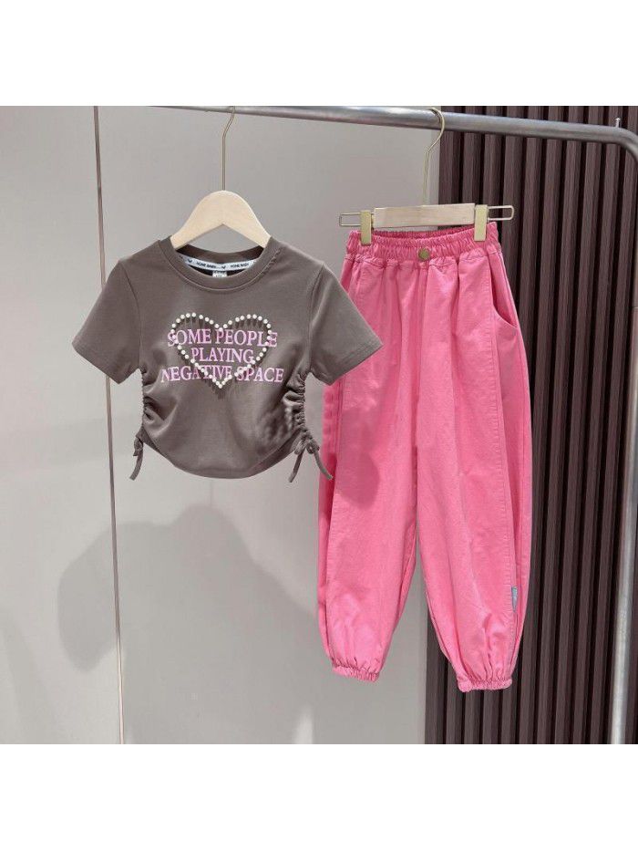  Two piece set of fashionable casual leggings for girls in summer, medium to large children's letter short sleeved girls