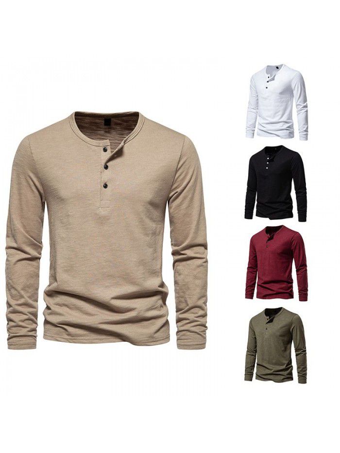 New Men's Long Sleeve T-shirt Fashion Solid Three Button Henry T-shirt Men's Top T-shirt Underlay 