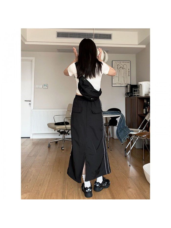 Design sense pleated small slit elastic waist skirt fashionable long skirt for women 