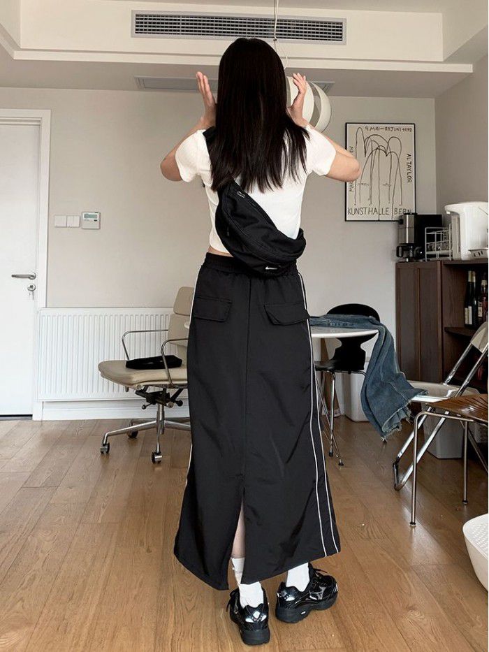 Design sense pleated small slit elastic waist skirt fashionable long skirt for women 