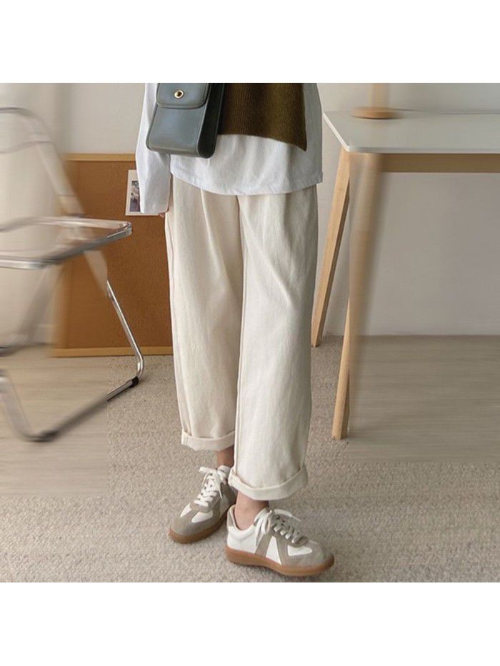 Loose fitting workwear women's casual pants Spring new half elastic waist slimming solid color versatile straight leg pants 