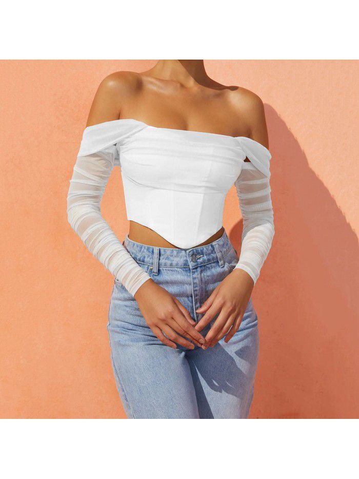 mesh fishbone perspective one line collar exposed navel short T-shirt top for women 