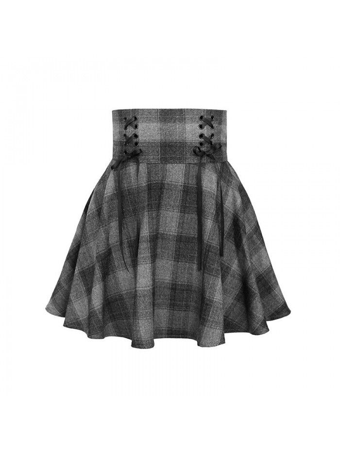 Dark Black Autumn Dress New Girls' Feeling Dark Grey Plaid High Waist Lace up Big Swing Half Skirt Short Skirt Trendy Girl 