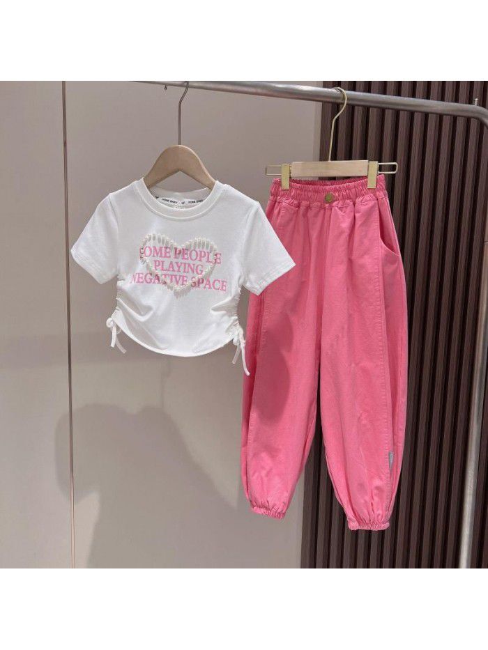  Two piece set of fashionable casual leggings for girls in summer, medium to large children's letter short sleeved girls