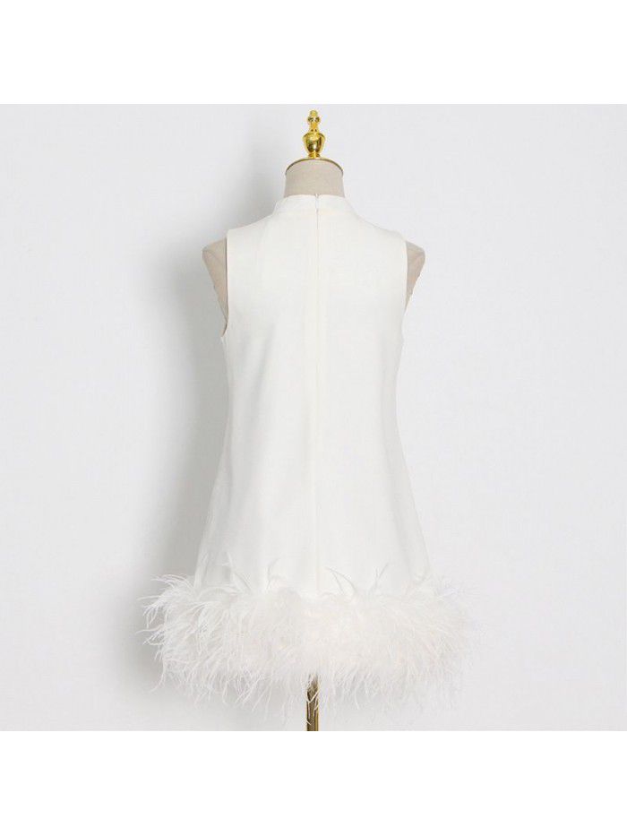 Autumn niche design feeling half high collar sleeveless solid color straight tube dress 