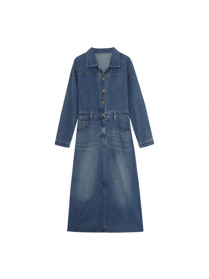 Retro waistband denim dress for women's classic slimming A-line long skirt trend 