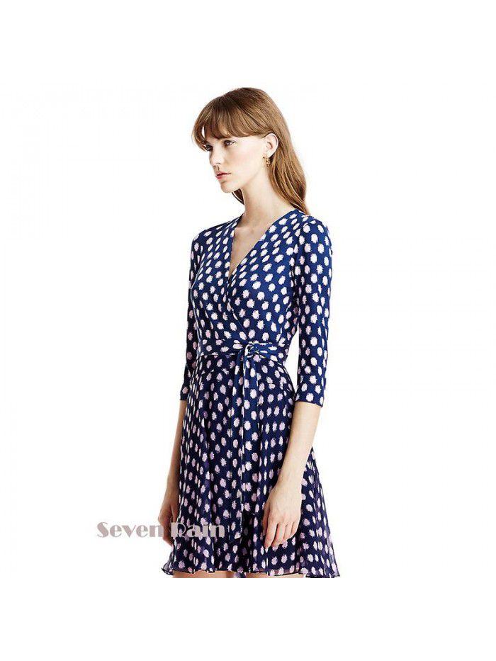 Blue dress French summer new floral European style casual sweet patchwork wrap dress V-neck trend 